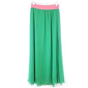 LuLaRoe Lucy Kelly Green Maxi Skirt Pink Elastic Waistband Chiffon Flowy XS